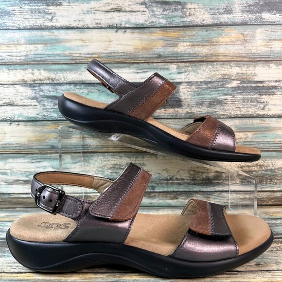 SAS Slingback Sandal Womens Nudu Sz 8M Metallic Gray Leather Comfort Adjustable - Picture 1 of 11